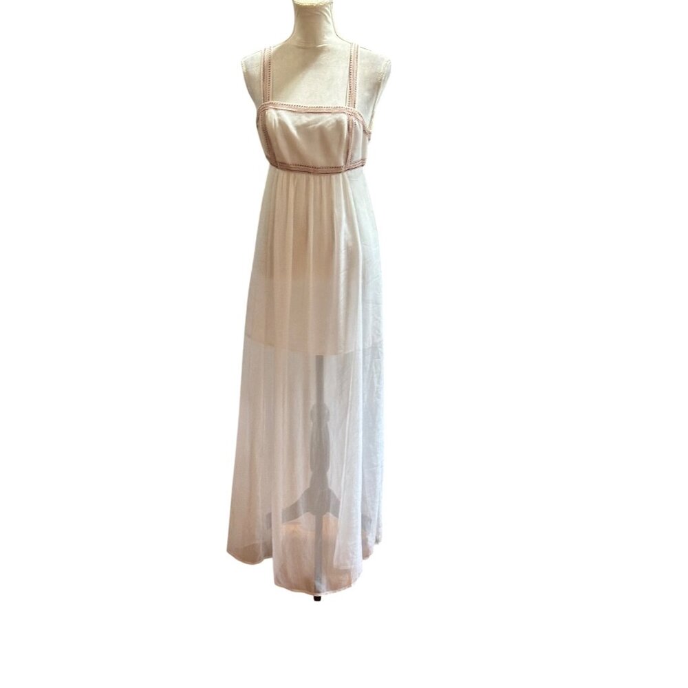 BCBGGeneration White Sheer Maxi Dress With Embroidered Trim Peasant Dress Size 0
